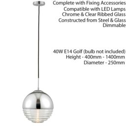 Loops Hanging Ceiling Pendant Light CHROME & RIBBED GLASS Sphere Ball Lamp Bulb Holder in Clear - thumbnail 2
