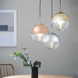 Loops Hanging Ceiling Pendant Light CHROME & RIBBED GLASS Sphere Ball Lamp Bulb Holder in Clear - thumbnail 5