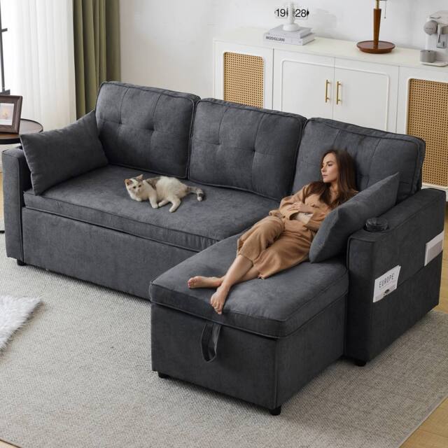 Direct Wicker 3-in-1 L Shaped Convertible Sofa Bed with Internal Storage Chaise in Dark Grey - Size: 1 Pack - image 1