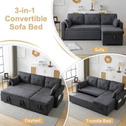 Direct Wicker 3-in-1 L Shaped Convertible Sofa Bed with Internal Storage Chaise in Dark Grey - Size: 1 Pack - thumbnail 2