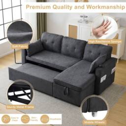 Direct Wicker 3-in-1 L Shaped Convertible Sofa Bed with Internal Storage Chaise in Dark Grey - Size: 1 Pack - thumbnail 5