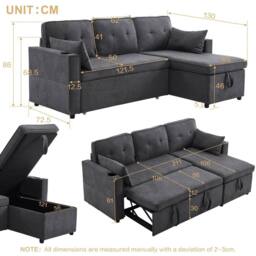 Direct Wicker 3-in-1 L Shaped Convertible Sofa Bed with Internal Storage Chaise in Dark Grey - Size: 1 Pack - thumbnail 6