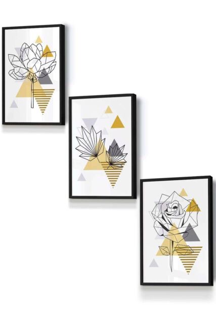 ARTZE Framed Yellow & Grey Geometric Flowers Framed Wall Art - Small in Black - Size: W33 cm x H45 cm x D20mm - image 1