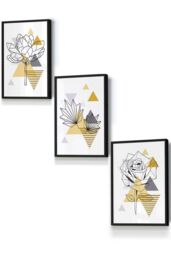 ARTZE Framed Yellow & Grey Geometric Flowers Framed Wall Art - Small in Black - Size: W33 cm x H45 cm x D20mm