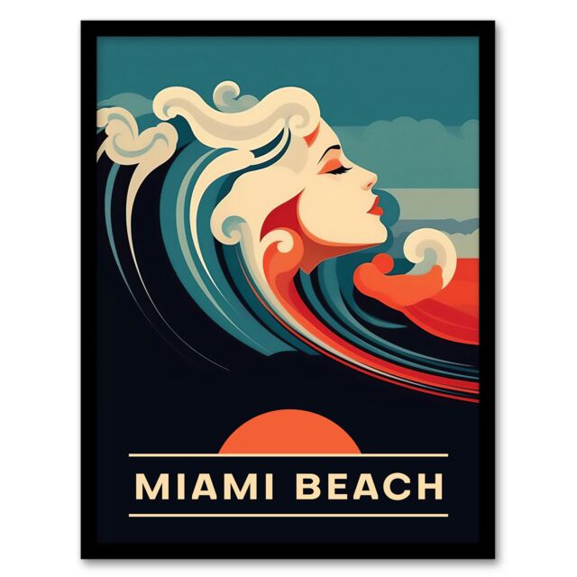 Artery8 Wall Art Print The Seaside Calls Miami Beach Florida USA Sunset Woman of the Waves Sea Siren Ocean Art Framed in Blue - Size: A4 - image 1