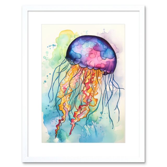 "Artery8 Wall Art Print Jellyfish Swimming Folk Art Watercolour Painting Artwork Framed 9X7 Inch in White - Size: W7"" x H9""" - image 1