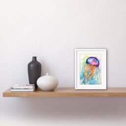 "Artery8 Wall Art Print Jellyfish Swimming Folk Art Watercolour Painting Artwork Framed 9X7 Inch in White - Size: W7"" x H9""" - thumbnail 2