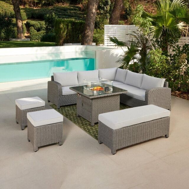 Home Detail Hadley L Shape 5 Seater Garden Sofa Set with Fire Pit Table in Grey - image 1