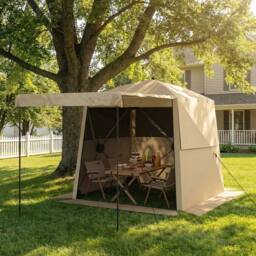 OUTSUNNY 2 x 2 m Waterproof Pop Up Gazebo with Awning, Sides in Khaki - Size: 2m x 2m - thumbnail 1