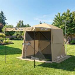 OUTSUNNY 2 x 2 m Waterproof Pop Up Gazebo with Awning, Sides in Khaki - Size: 2m x 2m - thumbnail 3
