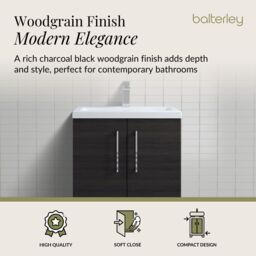 Balterley Bathroom Vanity Basin Unit, Chrome Handles, 600mm, Wood Black - thumbnail 3