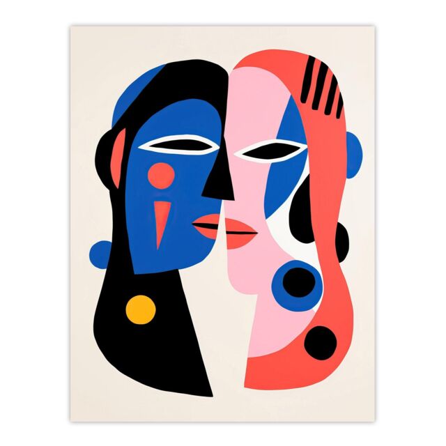 "Wee Blue Coo Wall Art Print Just the Two of Us Couple in Love Abstract Cubist Blue Pink Oil Painting Poster - Size: W24"" x H32""" - image 1