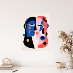 "Wee Blue Coo Wall Art Print Just the Two of Us Couple in Love Abstract Cubist Blue Pink Oil Painting Poster - Size: W24"" x H32""" - thumbnail 4