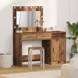 Berkfield Home 2-Piece Dressing Table Set with LED in Old Wood Finish in Brown - thumbnail 1