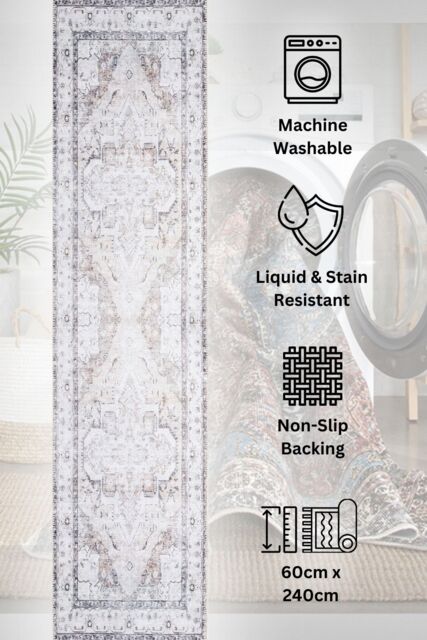 Kukoon Washable Runner Rug Beige Bordered Long Hallway Carpet Mat 80cm x 300cm in Grey - Size: 80 cm x 300 cm - image 1