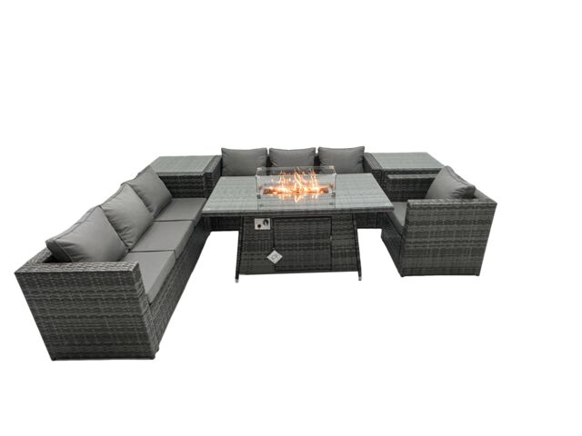 Fimous Rattan Garden Furniture Firepit Dining Set 7 Seater Lounge Sofa Table Set with 2 side table in Dark Grey - image 1