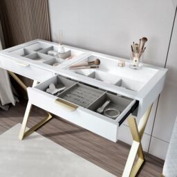 CARME HOME Jess Glasstop White Dressing Table with 2 Drawers & Gold X-shaped Leg - thumbnail 3