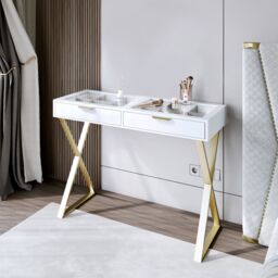 CARME HOME Jess Glasstop White Dressing Table with 2 Drawers & Gold X-shaped Leg