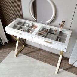 CARME HOME Jess Glasstop White Dressing Table with 2 Drawers & Gold X-shaped Leg - thumbnail 5