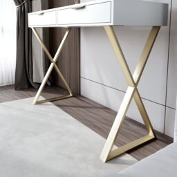 CARME HOME Jess Glasstop White Dressing Table with 2 Drawers & Gold X-shaped Leg - thumbnail 4
