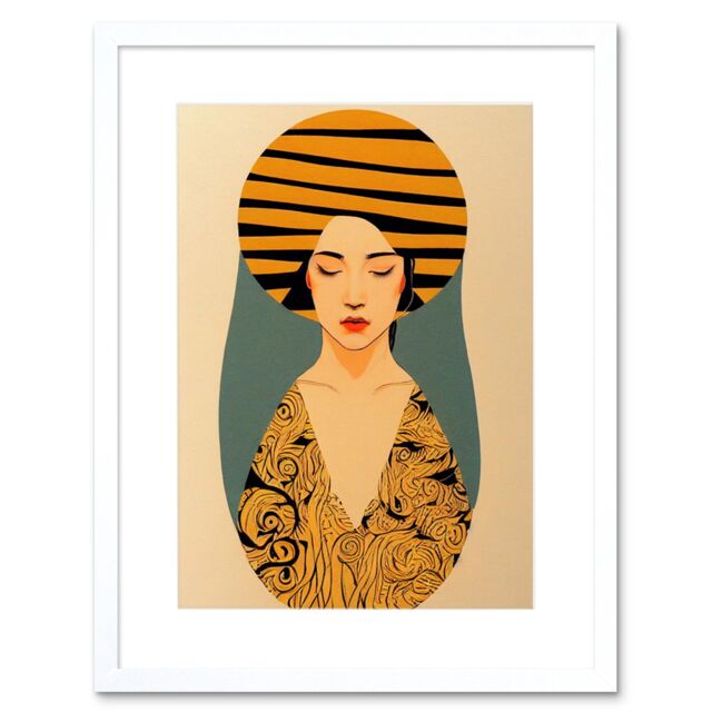 "Artery8 Wall Art Print Retro Woman Mid Century Bohemian Yellow Art Nouveau Artwork Framed 9X7 Inch in White - Size: W7"" x H9""" - image 1