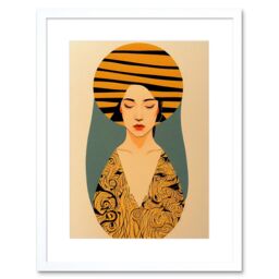 "Artery8 Wall Art Print Retro Woman Mid Century Bohemian Yellow Art Nouveau Artwork Framed 9X7 Inch in White - Size: W7"" x H9""" - thumbnail 1