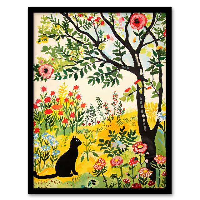 "Artery8 Cat Under Tree in Wildflowers Folk Art Painting Framed Art Print - Size: W12"" x H16""" - image 1