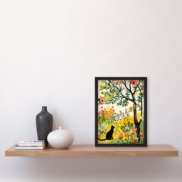 "Artery8 Cat Under Tree in Wildflowers Folk Art Painting Framed Art Print - Size: W12"" x H16""" - thumbnail 4