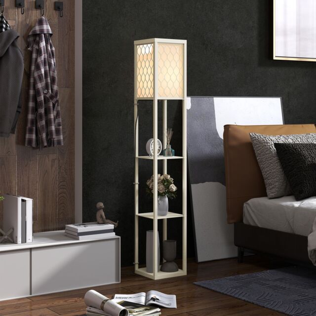 HOMCOM Modern Floor Lamp Light with 3 Shelves Fabric Lampshade in Light Oak - image 1