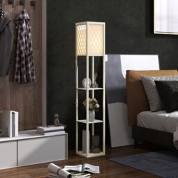 HOMCOM Modern Floor Lamp Light with 3 Shelves Fabric Lampshade in Light Oak - thumbnail 1