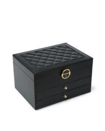 JFY Women's 3 Layers Lockable Jewellery Storage Box With 2 Drawers in Black - thumbnail 1