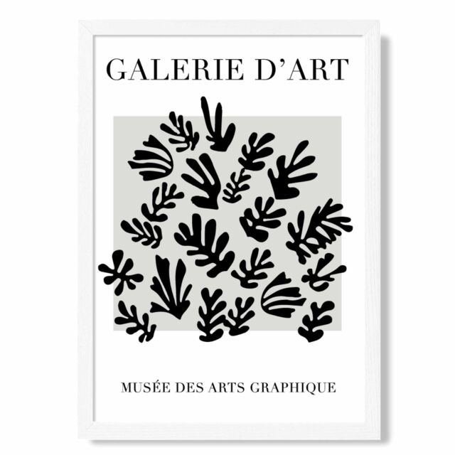 ARTZE Matisse Floral Cutout Grey & Black Framed Print SIZE: A2 with White Frame - Size: A4 - image 1