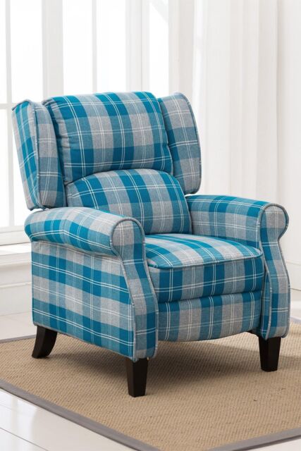 More4Homes Eaton Wing Back Fireside Checkered Fabric Pushback Recliner Chair in Blue - image 1