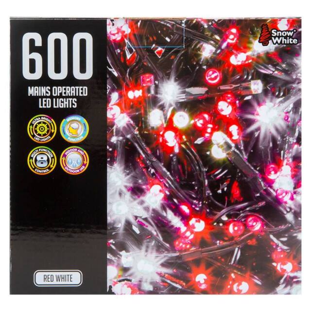 VFM e-Store Christmas Red White String Lights 600 Bulbs 18m x 1cm Multicolour X 1 - Size: 18m x 1 cm - image 1