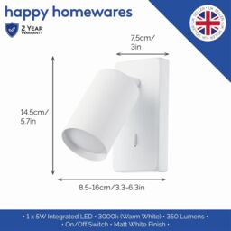 Happy Homewares Designer LED Powered Matte Metal Spot Wall Light Fitting with Switch in White - thumbnail 3