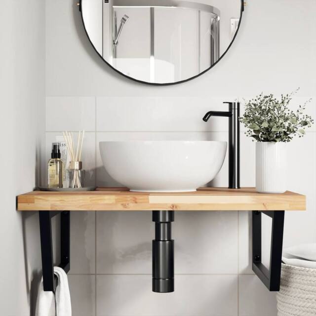 Berkfield Home Elegant Basin Shelf Wall Mounted Steel & Solid Wood Acacia in Light Tan - image 1