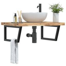 Berkfield Home Elegant Basin Shelf Wall Mounted Steel & Solid Wood Acacia in Light Tan - thumbnail 2