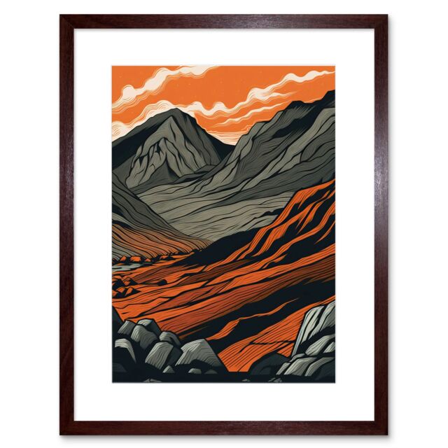 "Artery8 Wall Art Print Scafell Pike Mountain Landscape in Amber & Grey Artwork Framed 9X7 Inch in Brown - Size: W7"" x H9""" - image 1