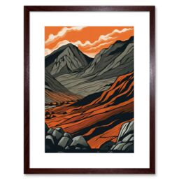 "Artery8 Wall Art Print Scafell Pike Mountain Landscape in Amber & Grey Artwork Framed 9X7 Inch in Brown - Size: W7"" x H9""" - thumbnail 1