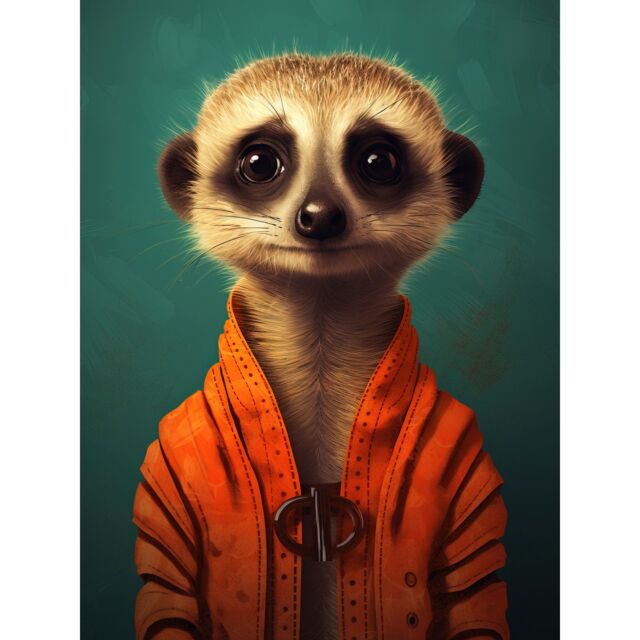 "Artery8 Wall Art Print Meercat Portrait Orange Quilted Jacket on Teal Background Modern Artwork Poster - Size: W18"" x H24""" - image 1