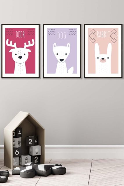 ARTZE Women's Scandi Nursery Forest Animals Pink Lilac Framed Wall Art - Large in Black - Size: W53 cm x H73 cm x D20mm - image 1