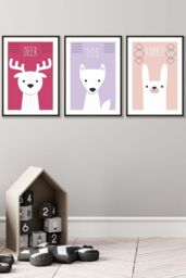 ARTZE Women's Scandi Nursery Forest Animals Pink Lilac Framed Wall Art - Large in Black - Size: W53 cm x H73 cm x D20mm - thumbnail 1