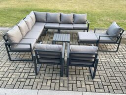 Fimous Outdoor Garden Furniture Patio Lounge Corner Sofa Aluminium Set with Square Coffee Table Big Footstool 3 Chair Dark Grey - thumbnail 2