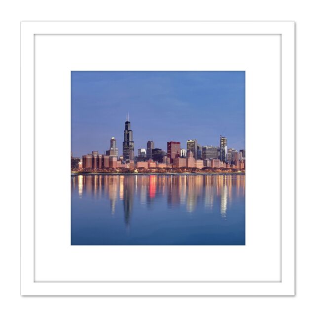 Artery8 Schwen Chicago Skyline Sunrise Reflection Panorama 8X8 Inch Square Wooden Framed Wall Art Print Picture with Mount in White - image 1