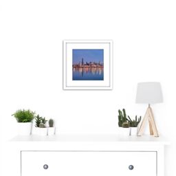 Artery8 Schwen Chicago Skyline Sunrise Reflection Panorama 8X8 Inch Square Wooden Framed Wall Art Print Picture with Mount in White - thumbnail 2