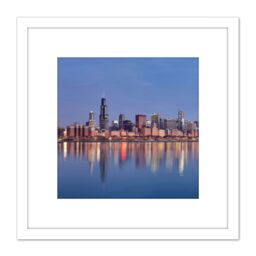 Artery8 Schwen Chicago Skyline Sunrise Reflection Panorama 8X8 Inch Square Wooden Framed Wall Art Print Picture with Mount in White - thumbnail 1