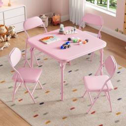 London Boutique 5PCS Kids Folding Table & Chair Set Dining Table &4 Upholstered Chairs in Pink - thumbnail 1