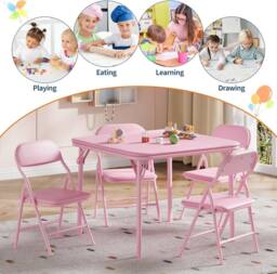 London Boutique 5PCS Kids Folding Table & Chair Set Dining Table &4 Upholstered Chairs in Pink - thumbnail 3