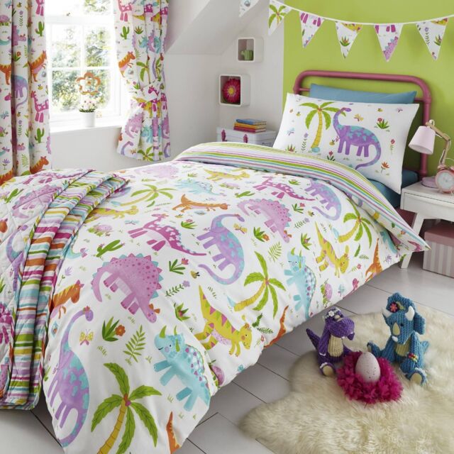 Happy Linen Company Kids Daisy Dino Dinosaur Park T-Rex Reversible Duvet Cover Bedding Set in White - Size: Single - image 1