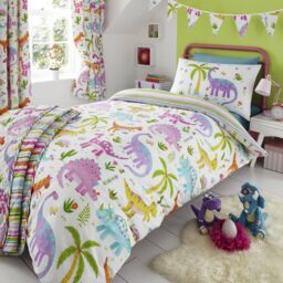Happy Linen Company Kids Daisy Dino Dinosaur Park T-Rex Reversible Duvet Cover Bedding Set in White - Size: Single - thumbnail 1